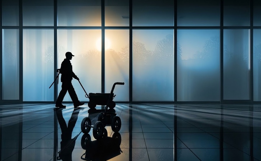 Janitorial team member cleaning a commercial lobby floor at dawn