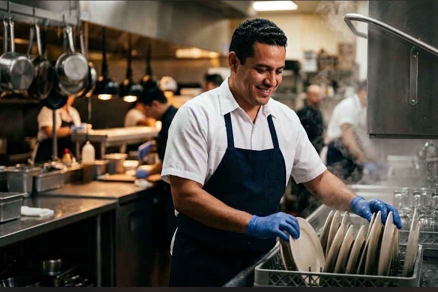 RHG kitchen steward at work in a busy commercial kitchen